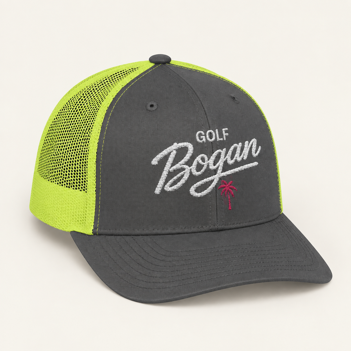 Charcoal Neon Green Golf Bogan Trucker Cap – Vintage Script Mesh Snapback — product image 2