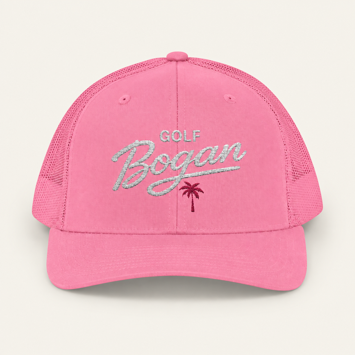 Pink Golf Bogan Trucker Cap – Vintage Script Mesh Snapback — product image 1